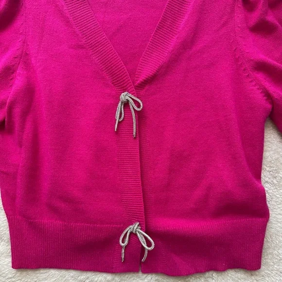 Express V-neck Pink Women’s Sweater with Rhinestone Bows - Picture 3 of 6